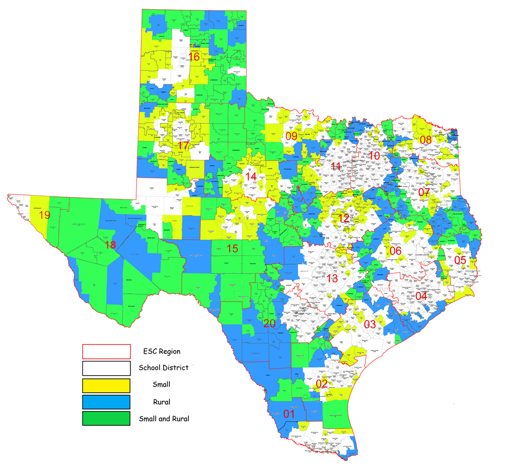 Color coded map of small and rural schools in Texas